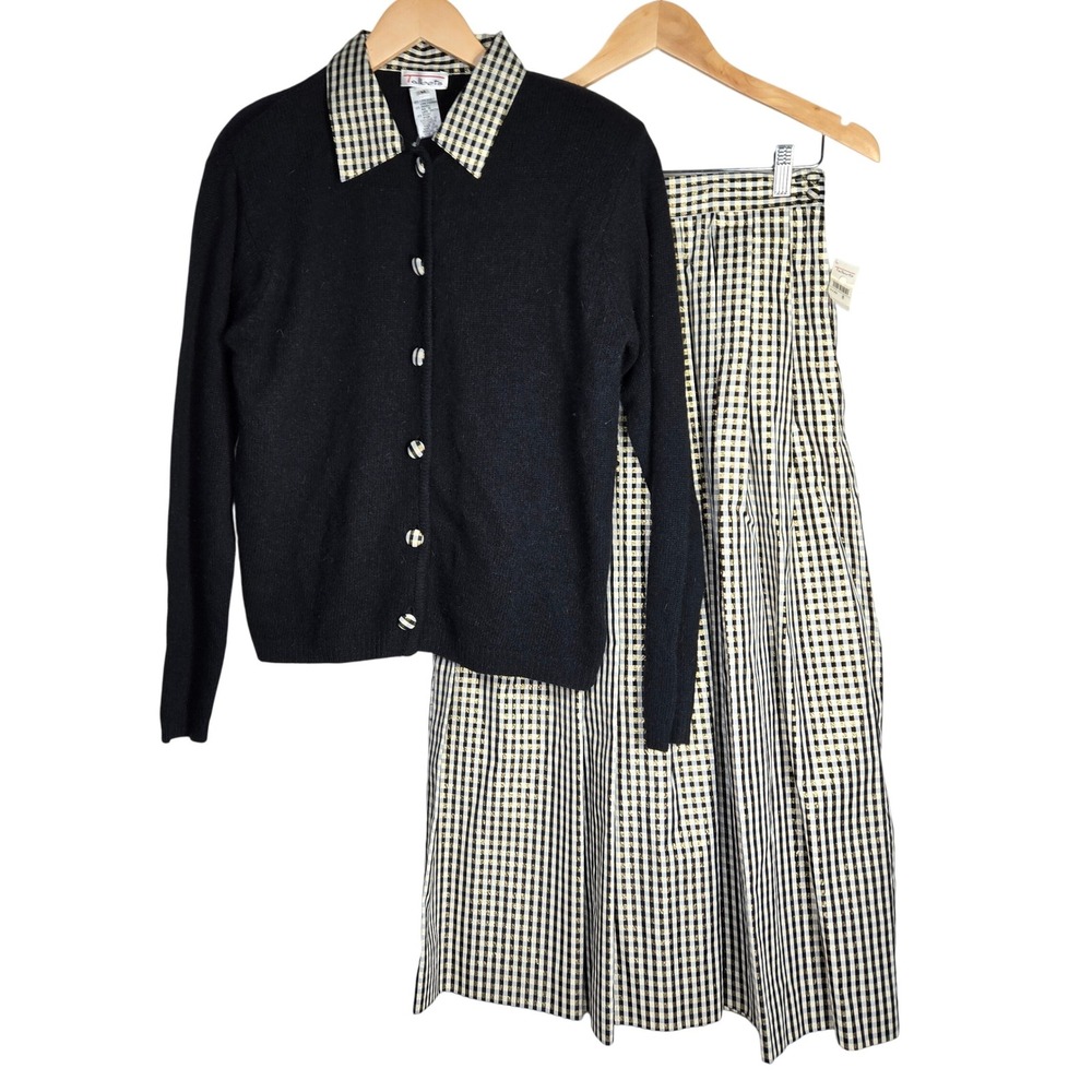 Talbots‎ Black Lambswool Angora Blend Cardigan Skirt Set Gingham Collar Pleated